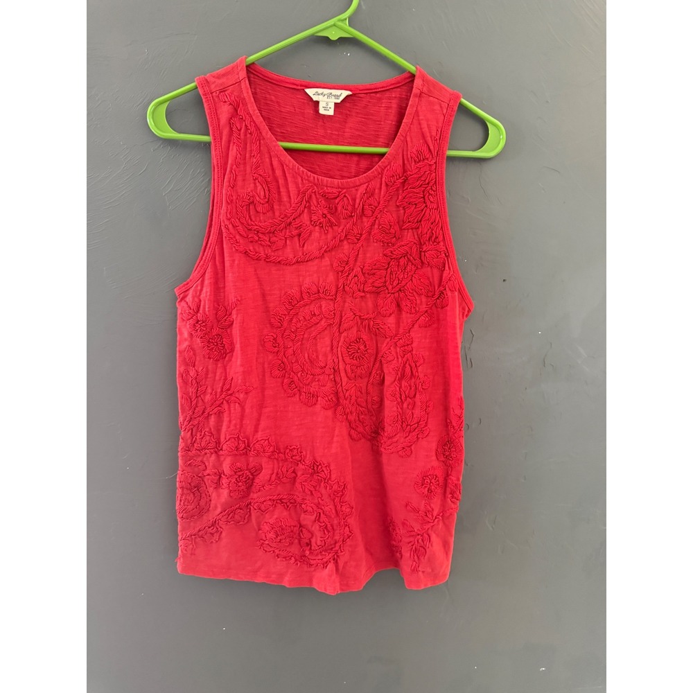 Lucky Brand Red Floral Embroidered‎ Slub Knit Sleeveless Tank Top Womens Small
